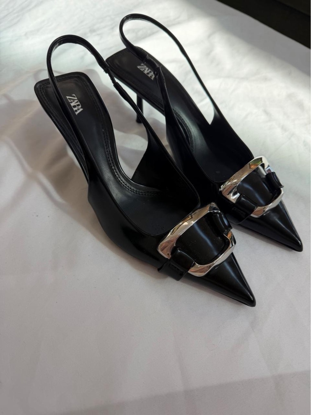 ZARA Black Pointed Slingback Heels with Silver Buckle Detail